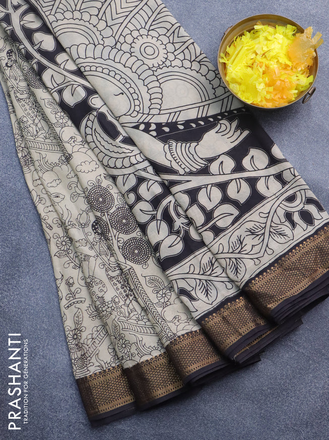 Kalamkari semi silk saree beige and coffee brown with allover prints and mangalgiri border