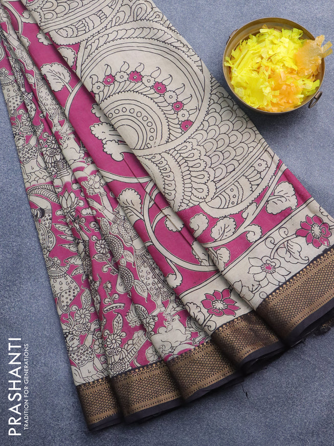 Kalamkari semi silk saree pink beige and coffee brown with allover prints and mangalgiri border