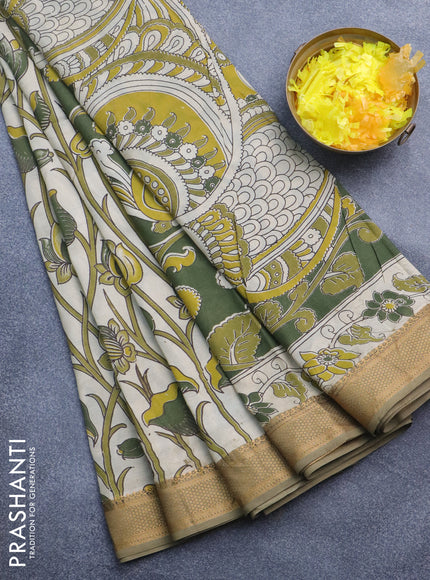 Kalamkari semi silk saree beige and mehendi green with allover prints and mangalgiri border