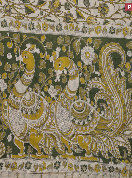 Kalamkari semi silk saree beige and mehendi green with allover prints and mangalgiri border