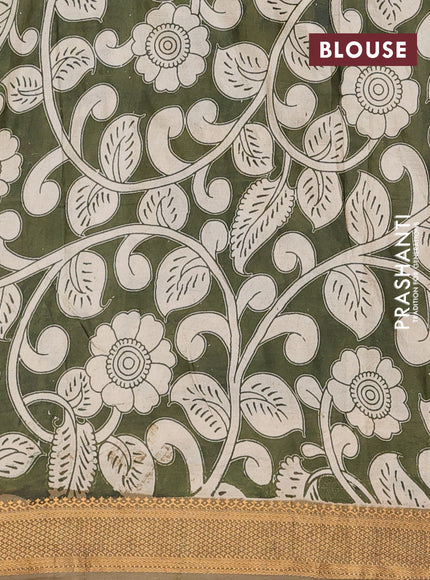 Kalamkari semi silk saree beige and mehendi green with allover prints and mangalgiri border