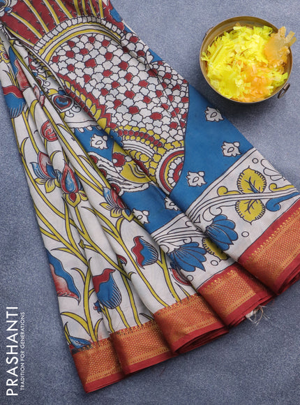 Kalamkari semi silk saree beige and maroon with allover prints and mangalgiri border