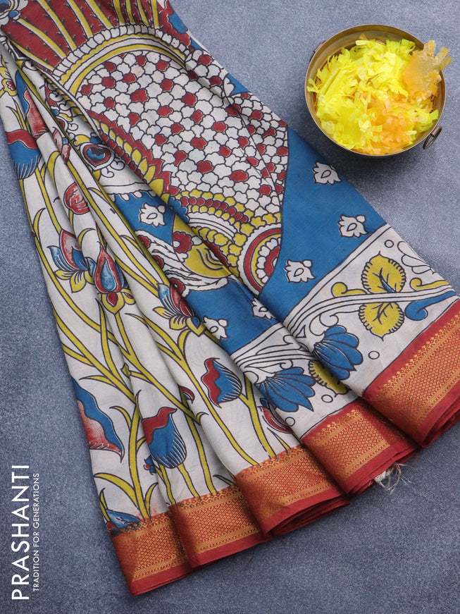 Kalamkari semi silk saree beige and maroon with allover prints and mangalgiri border