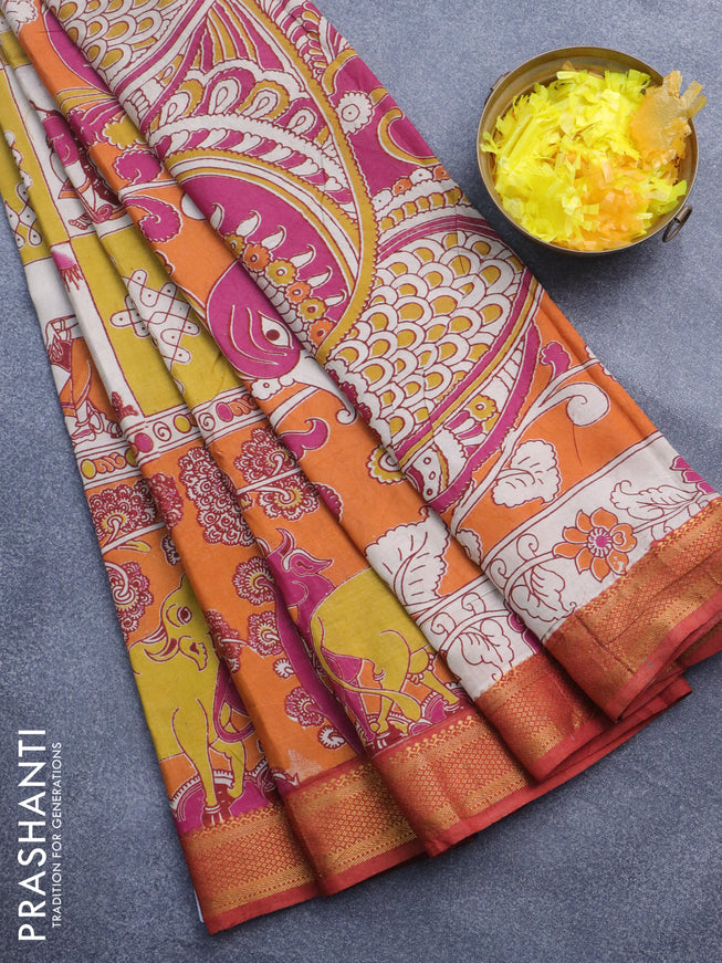 Kalamkari semi silk saree beige mustard shade and maroon shade with allover prints and mangalgiri border