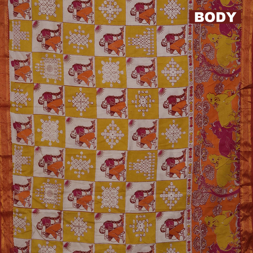 Kalamkari semi silk saree beige mustard shade and maroon shade with allover prints and mangalgiri border