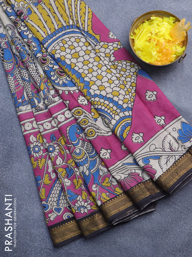 Kalamkari semi silk saree beige pink and coffee brown with allover prints and mangalgiri border