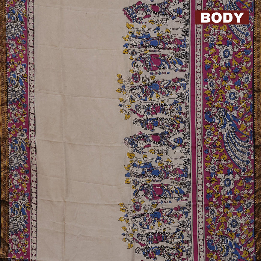 Kalamkari semi silk saree beige pink and coffee brown with allover prints and mangalgiri border