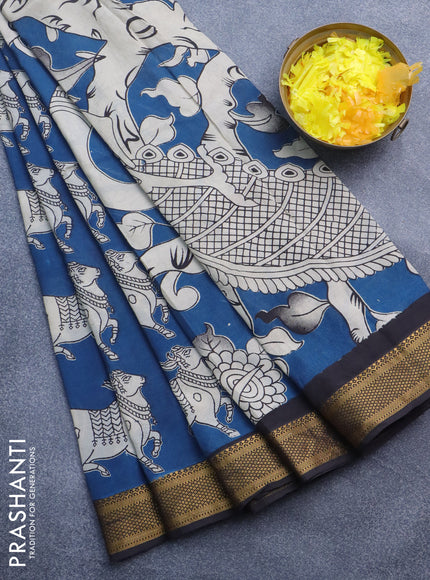 Kalamkari semi silk saree peacock blue and coffee brown with allover prints and mangalgiri border