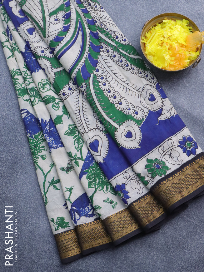 Kalamkari semi silk saree beige blue and coffee brown with allover prints and mangalgiri border