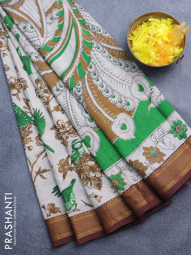 Kalamkari semi silk saree beige green and maroon with allover prints and mangalgiri border