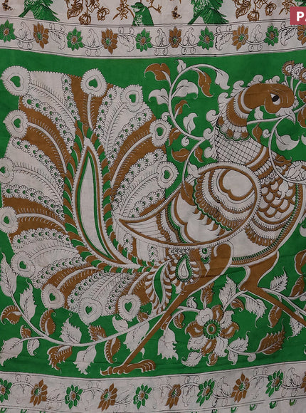 Kalamkari semi silk saree beige green and maroon with allover prints and mangalgiri border