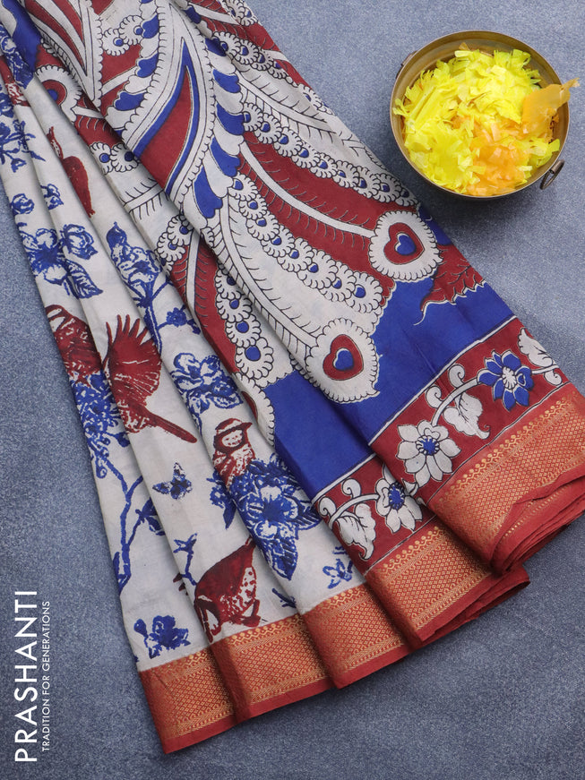 Kalamkari semi silk saree beige blue and maroon with allover prints and mangalgiri border