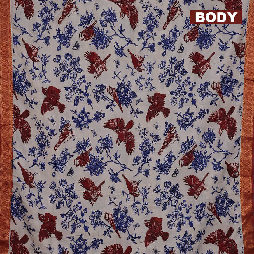 Kalamkari semi silk saree beige blue and maroon with allover prints and mangalgiri border