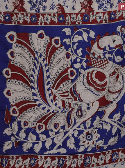 Kalamkari semi silk saree beige blue and maroon with allover prints and mangalgiri border