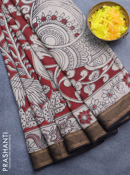 Kalamkari semi silk saree maroon beige and black with allover prints and mangalgiri border