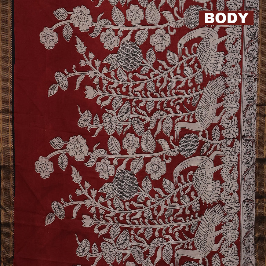 Kalamkari semi silk saree maroon beige and black with allover prints and mangalgiri border