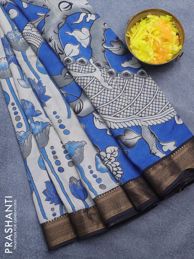 Kalamkari semi silk saree beige blue and black with allover prints and mangalgiri border