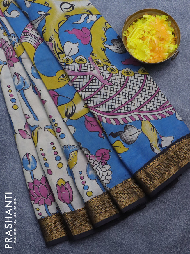 Kalamkari semi silk saree beige and black with allover prints and mangalgiri border