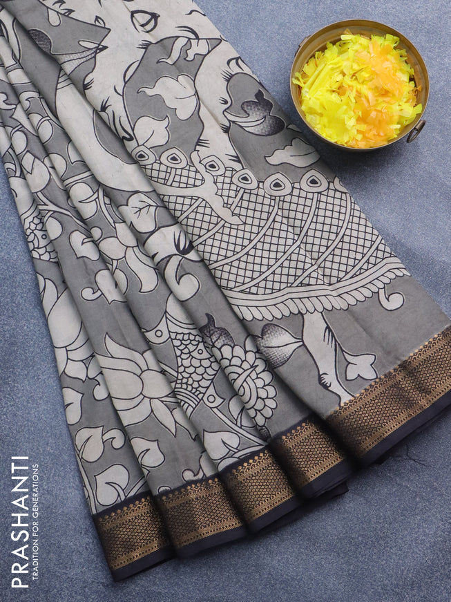 Kalamkari semi silk saree grey and black with allover prints and mangalgiri border