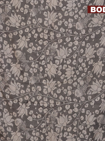 Kalamkari semi silk saree grey and black with allover prints and mangalgiri border