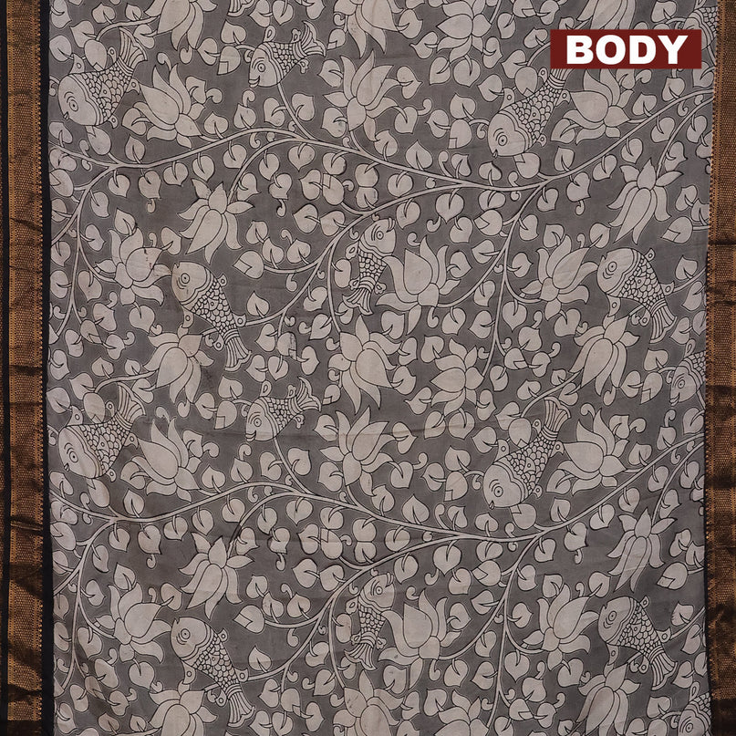 Kalamkari semi silk saree grey and black with allover prints and mangalgiri border