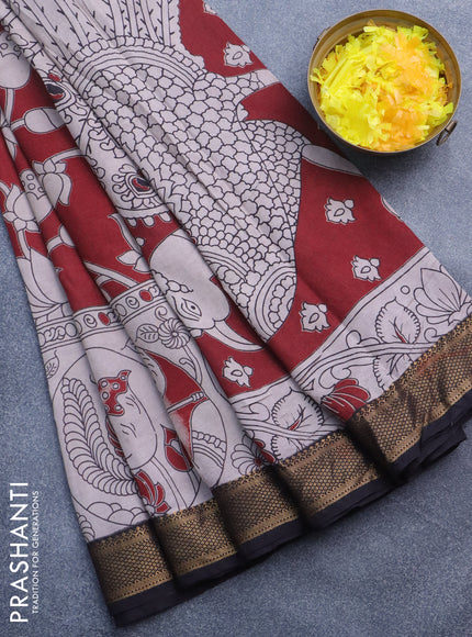 Kalamkari semi silk saree beige maroon and black with allover prints and mangalgiri border