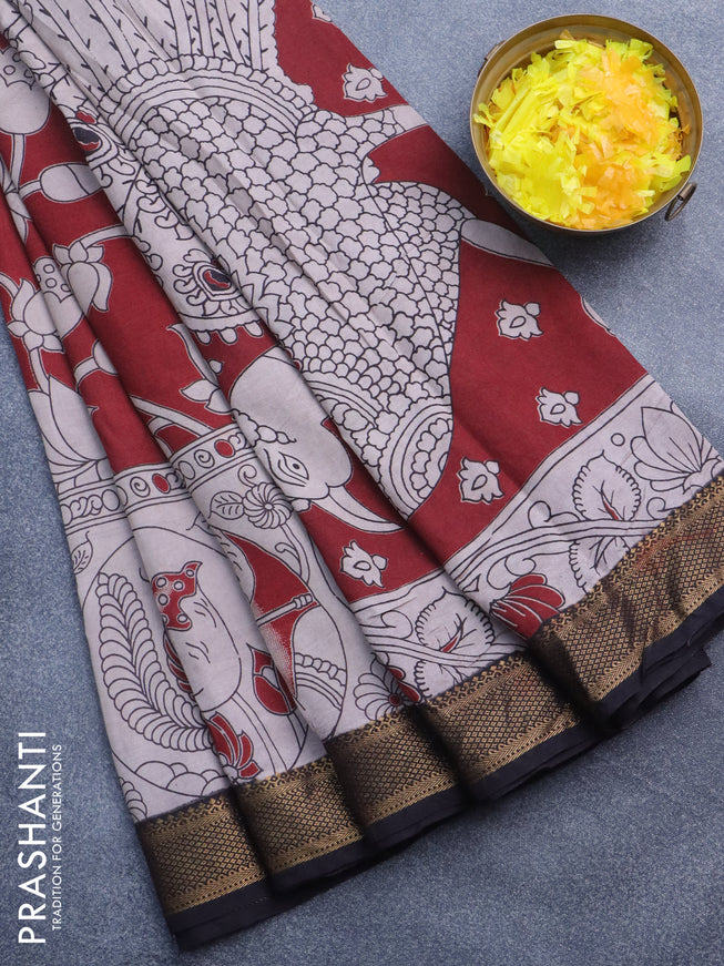 Kalamkari semi silk saree beige maroon and black with allover prints and mangalgiri border