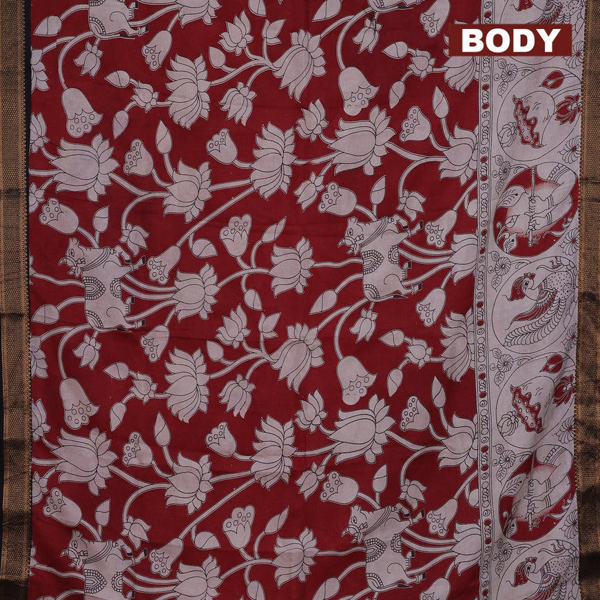 Kalamkari semi silk saree beige maroon and black with allover prints and mangalgiri border