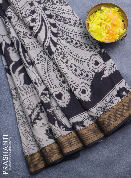 Kalamkari semi silk saree beige and black with allover prints and mangalgiri border