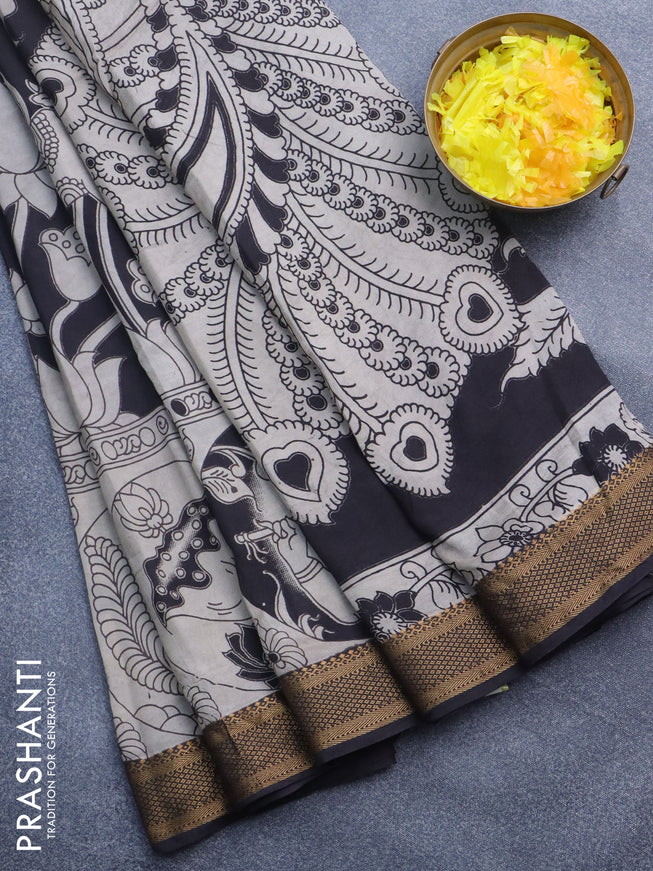 Kalamkari semi silk saree beige and black with allover prints and mangalgiri border