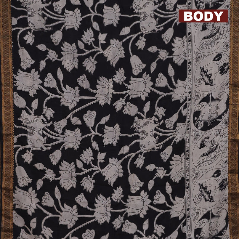 Kalamkari semi silk saree beige and black with allover prints and mangalgiri border