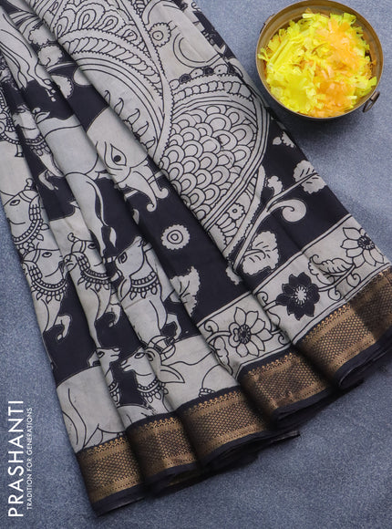 Kalamkari semi silk saree beige and black with pichwai prints and mangalgiri border