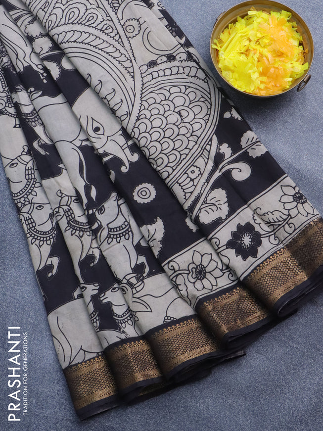 Kalamkari semi silk saree beige and black with pichwai prints and mangalgiri border