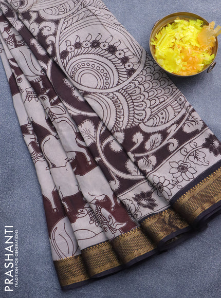 Kalamkari semi silk saree deep maroon beige and black with pichwai prints and mangalgiri border