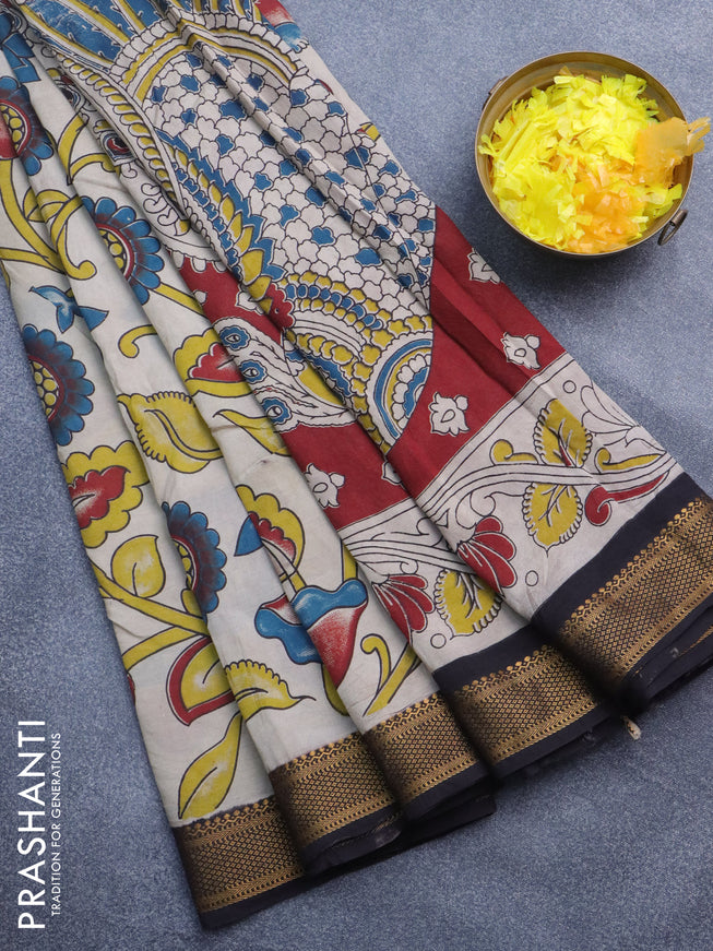 Kalamkari semi silk saree beige and black with allover prints and mangalgiri border