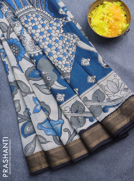 Kalamkari semi silk saree beige and black with allover prints and mangalgiri border