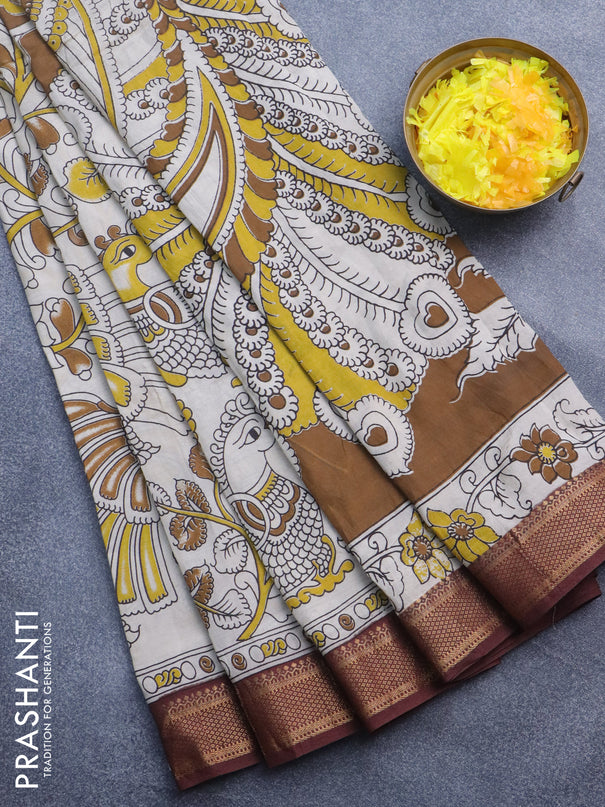 Kalamkari semi silk saree beige and maroon with allover prints and mangalgiri border