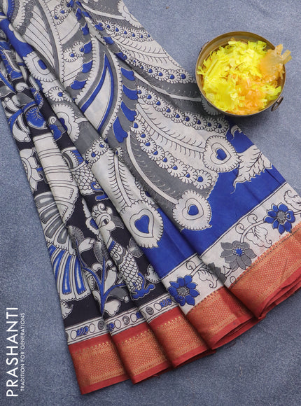 Kalamkari semi silk saree beige black and maroon with allover prints and mangalgiri border