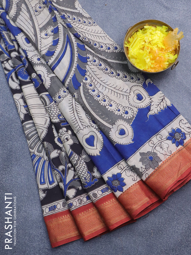 Kalamkari semi silk saree beige black and maroon with allover prints and mangalgiri border