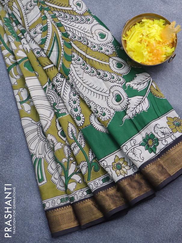 Kalamkari semi silk saree mehendi green and coffee brown with allover prints and mangalgiri border