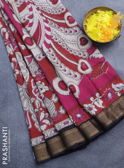 Kalamkari semi silk saree maroon and coffee brown with allover prints and mangalgiri border