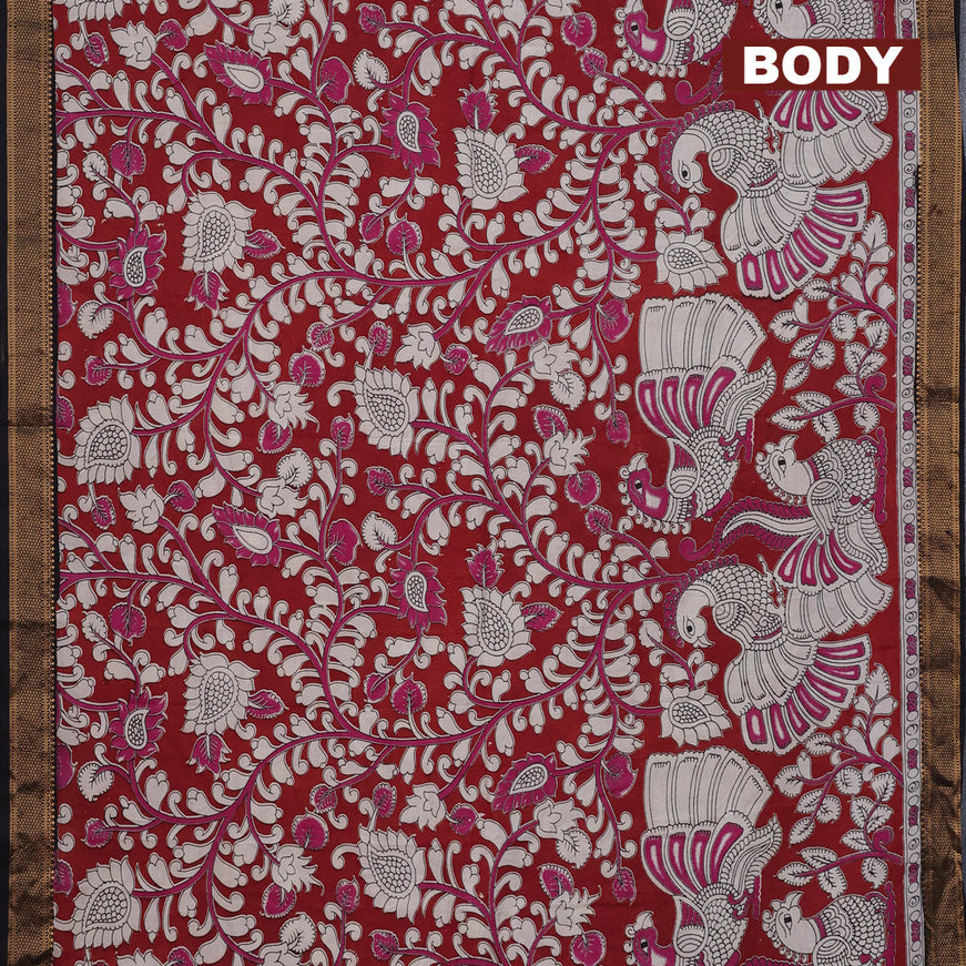 Kalamkari semi silk saree maroon and coffee brown with allover prints and mangalgiri border