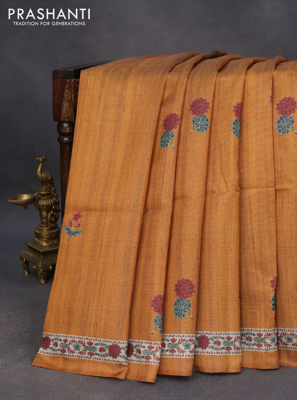 Chappa saree dark mustard and beige with allover vairosi pattern & butta prints and printed border