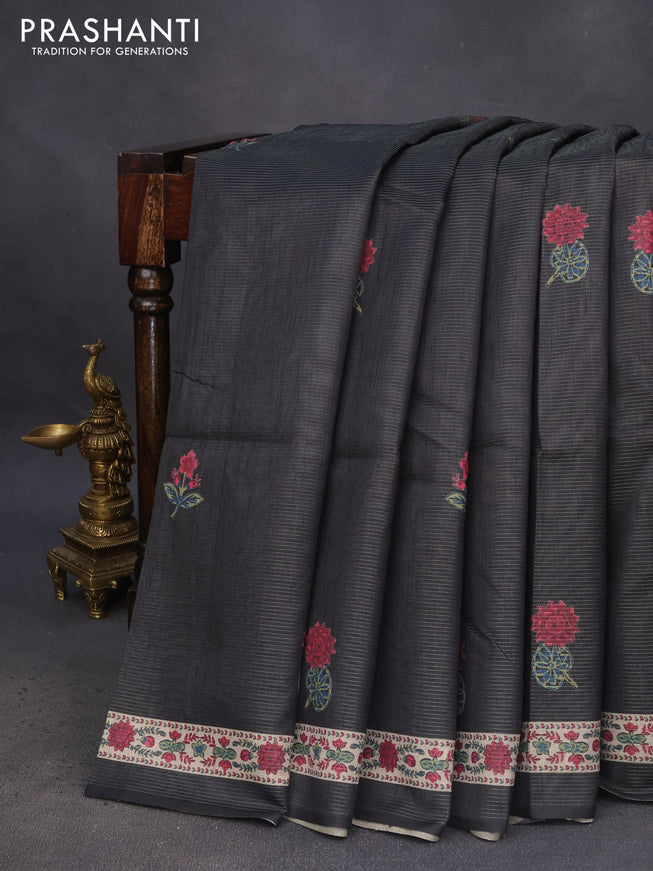 Chappa saree elephant grey and brige with allover vairosi pattern & butta prints and printed border