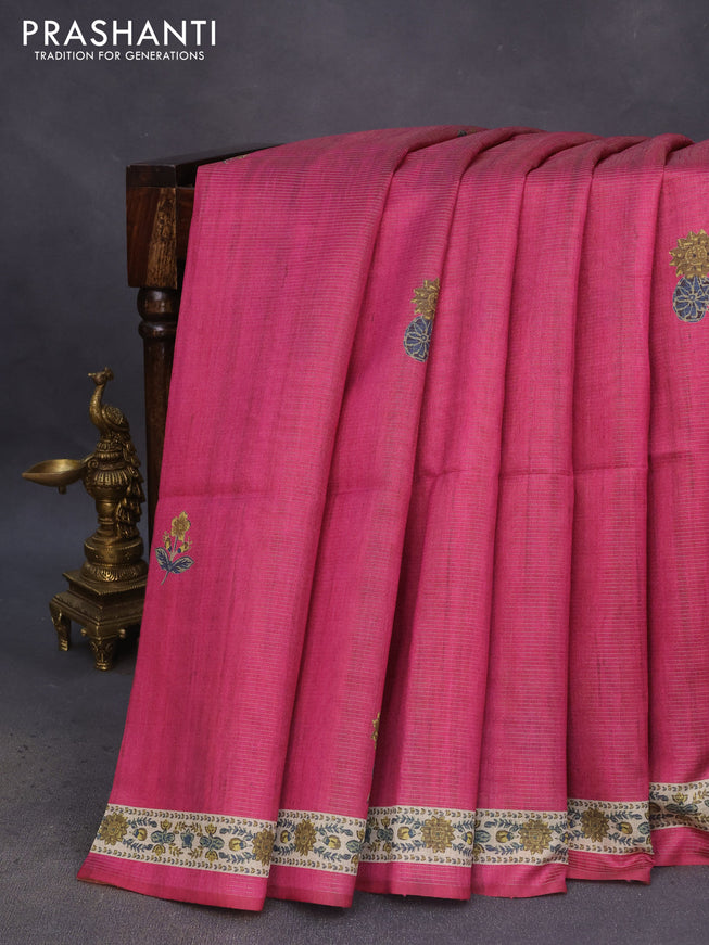 Chappa saree pink and beige with allover vairosi pattern & butta prints and printed border