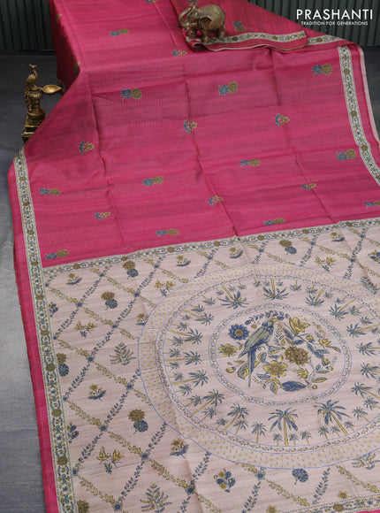 Chappa saree pink and beige with allover vairosi pattern & butta prints and printed border