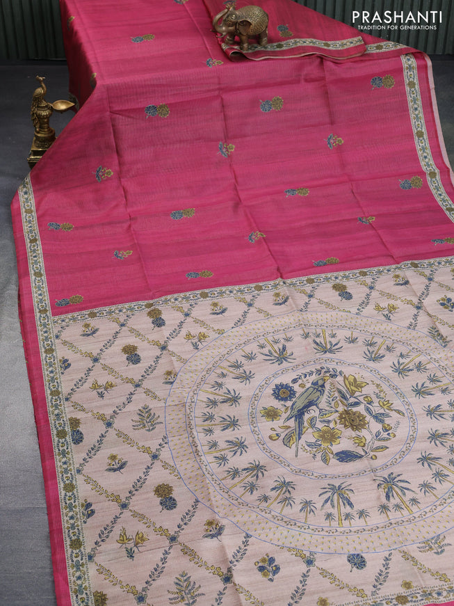 Chappa saree pink and beige with allover vairosi pattern & butta prints and printed border