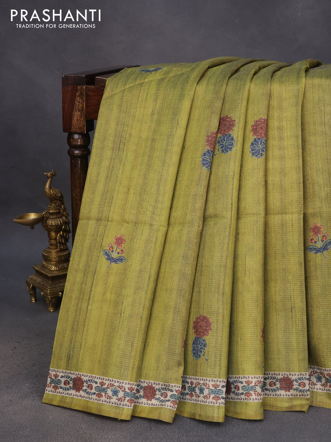 Chappa saree light green and beige with allover vairosi pattern & butta prints and printed border