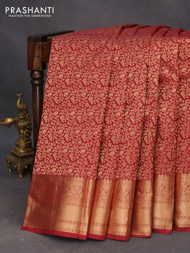 Pure kanchipuram silk saree maroon with allover zari woven brocade weaves and zari woven border