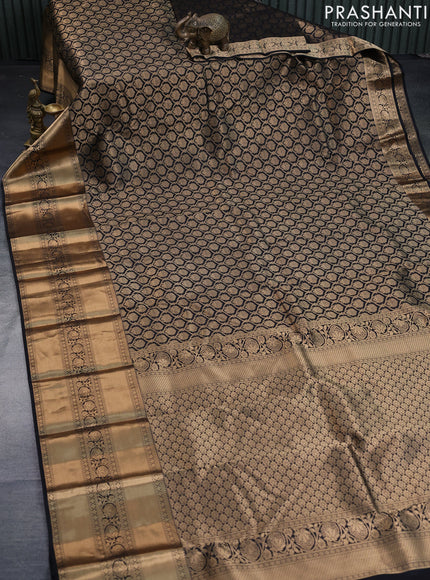 Pure kanchipuram silk saree black with allover zari woven brocade weaves and long zari woven border